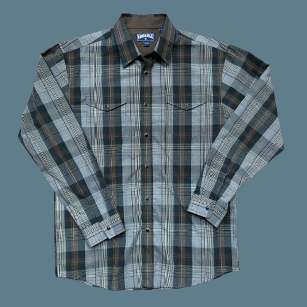 Panhandle Slim Snap Button Plaid Black Grey Shirt Cotton Boy's Size Extra Large